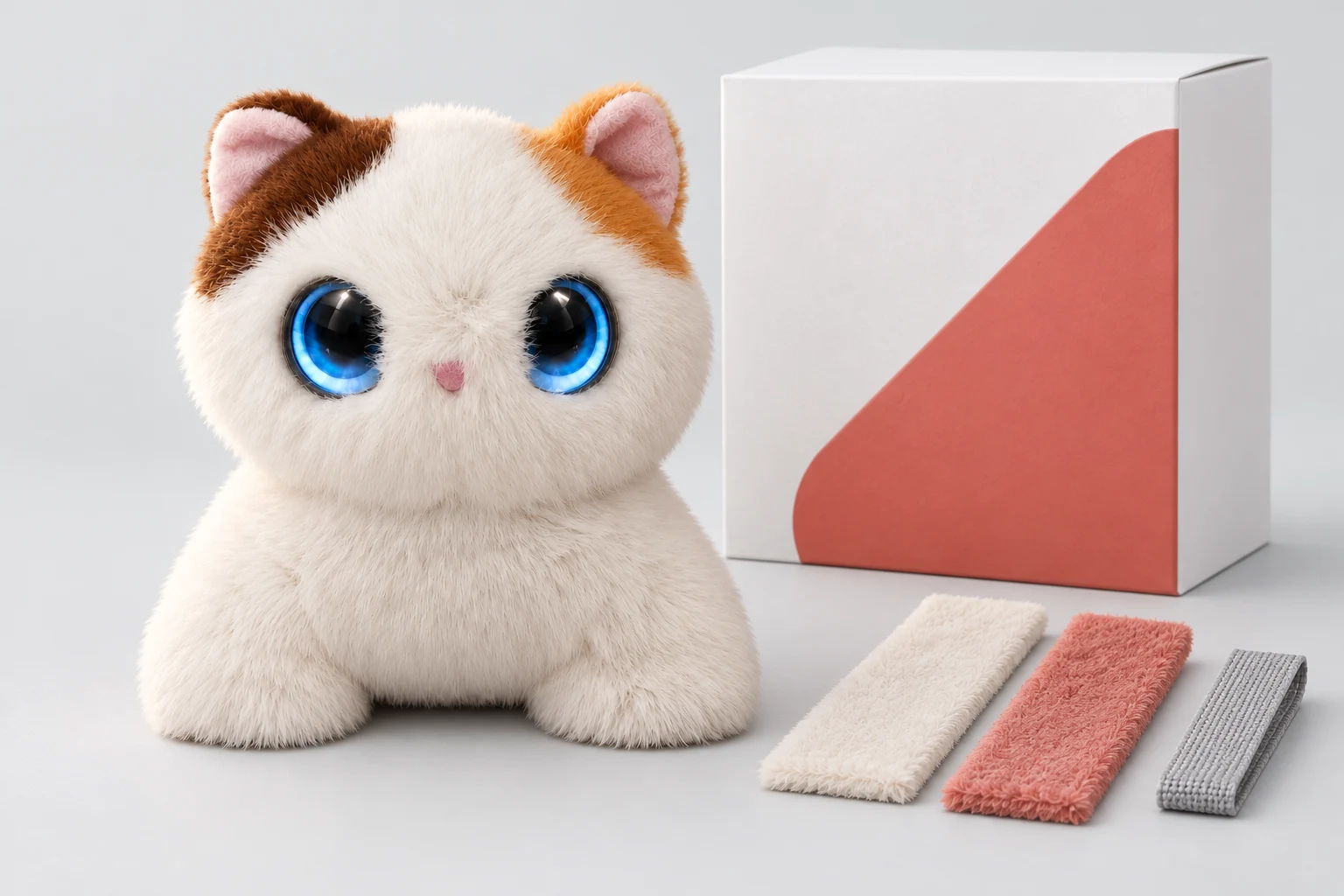 Concept composition of AI Mini Cat, red-and-white branded packaging and plush material samples