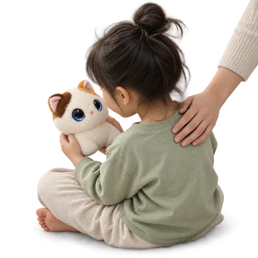 A child holding an AI Mini Cat plush toy, with a parent’s hand resting on their shoulder