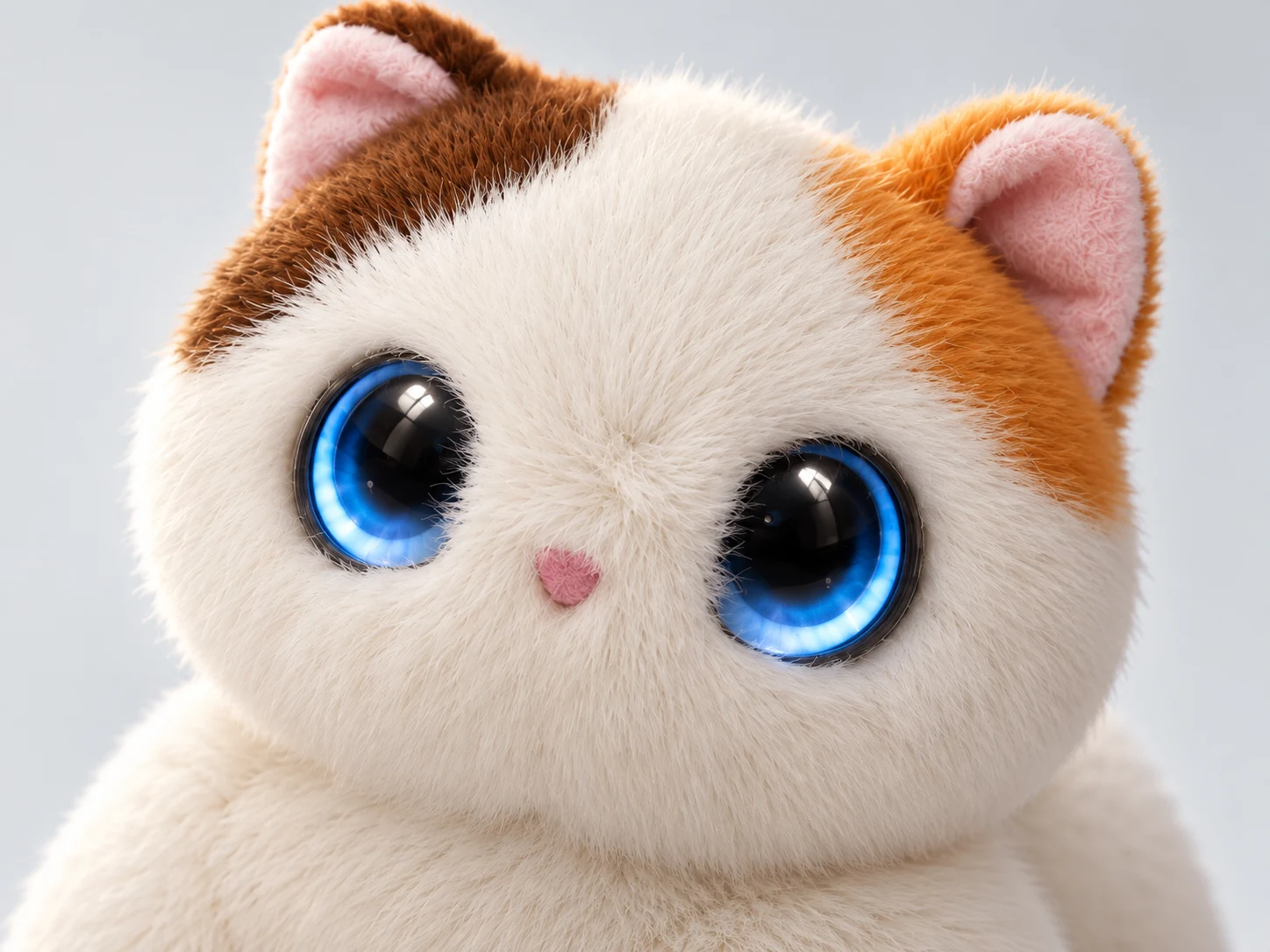 Close-up of the calico AI Mini Cat’s plush fur, pink nose and blue illuminated eyes