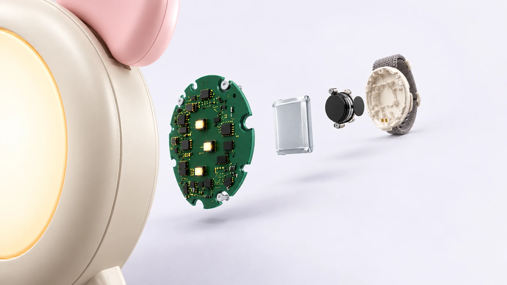 Exploded AI wearable: illuminated cream face, circuit board, battery, speaker and rear housing with woven strap.