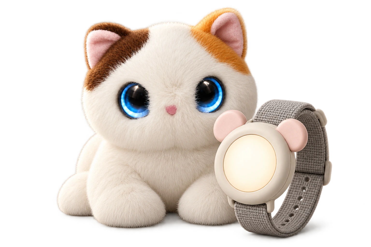 Calico AI Mini Cat and cream AI wearable toy product composition