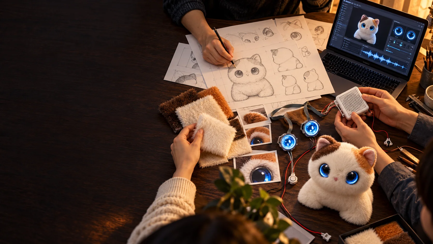 AIぬいぐるみの開発コンセプト:デザイン画、ぬいぐるみ素材、機芯モジュール、ソフトウェアを扱うチーム
