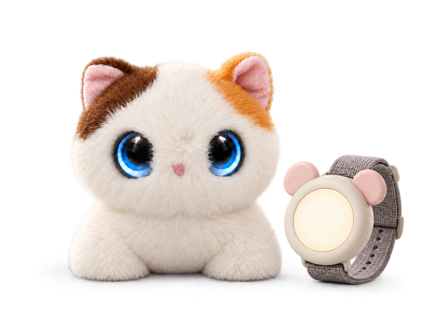 AI Mini Cat calico plush beside a cream AI Talky-Moe wearable, with soft shadows