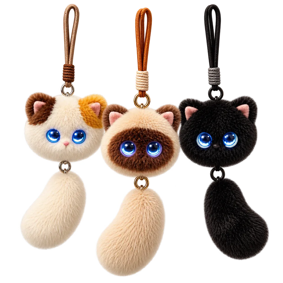 Three AI Happy Pet keychain toys in cream, siamese and black