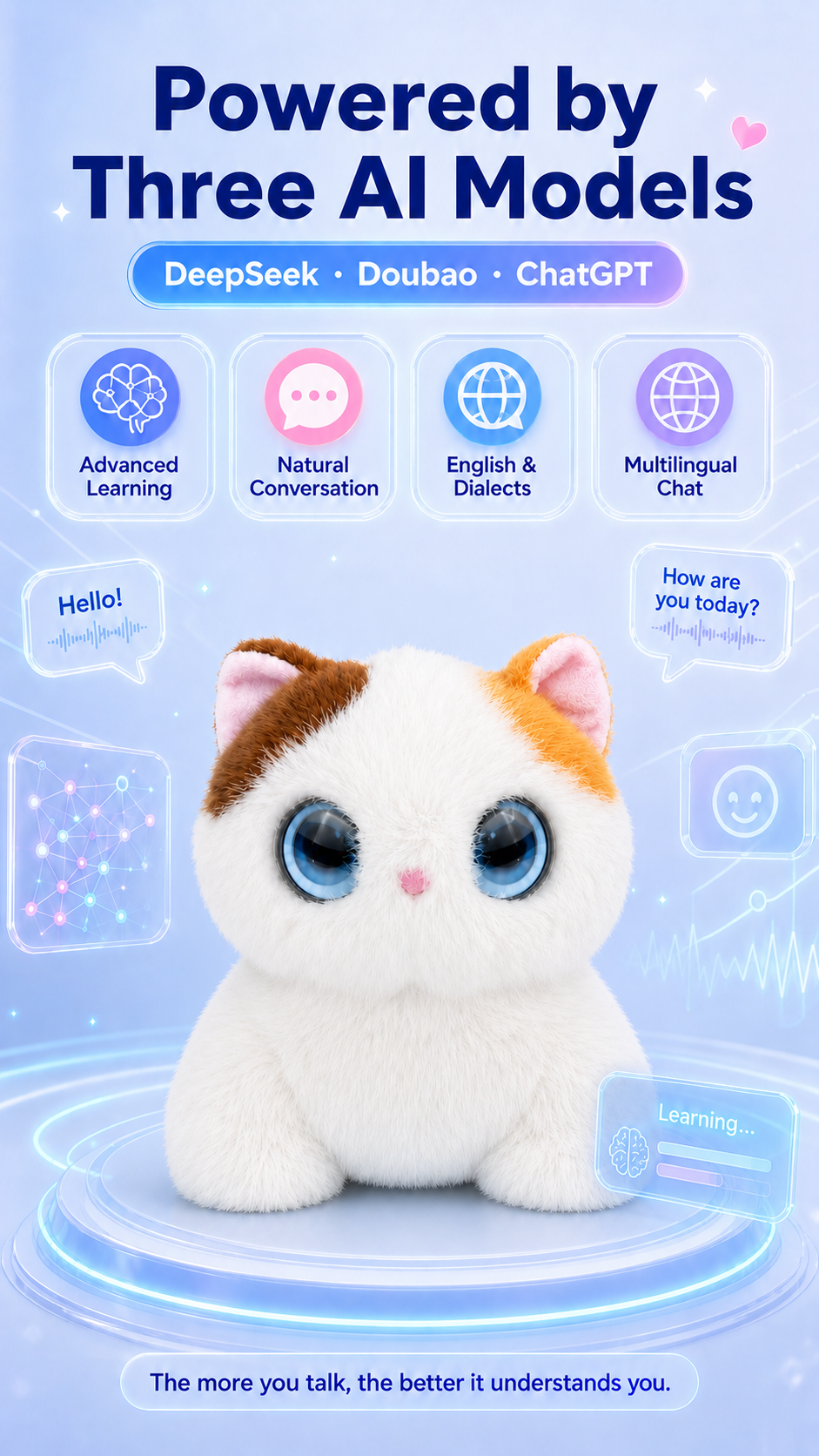 AI Calico Cat Spiritual Companion Robot Powered by Triple AI (ChatGPT, DeepSeek, Doubao) with Long-Term Memory, 60 Languages Smart Emotion Sensing AI Calico Cat Spiritual Companion Robot Powered by Triple AI (ChatGPT, DeepSeek, Doubao) with Long-Term Memory, 60 Languages Smart Emotion Sensing